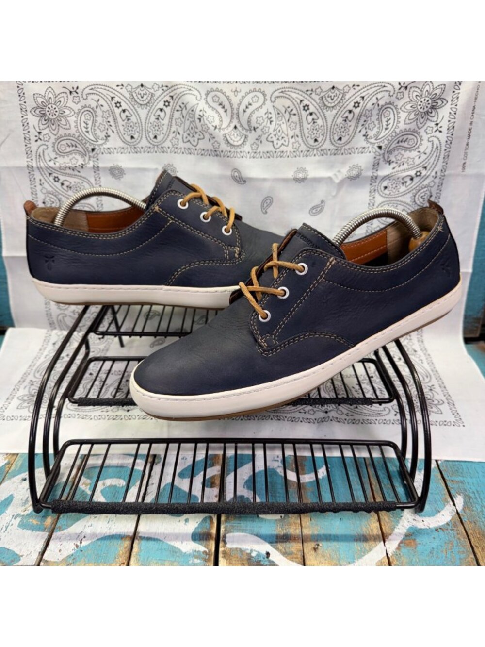 FRYE Leather Norfolk Sneaker Mens Size 12 Navy Blue Lace-up Shoe Classic EUC